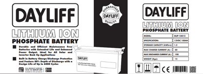 DAYLIFF DLIP 1.3KWH 100AH 12V LITHIUM ION BATTERY - FREE STANDING