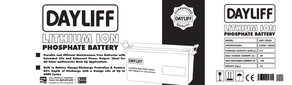 DAYLIFF DLIP 2.6KWH 100AH 24V LITHIUM ION BATTERY - FREE STANDING